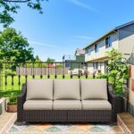 77'' Patio Sofa, All Weather Outdoor Rattan Wicker 3-Seat Sofa High Back Couch with Premium Cushions for Garden Backyard Porch(Brown/Beige) - Image 7
