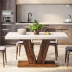 Tribesigns 47-Inch Dining Table for 4, White Kitchen Dinner Table with Heavy Duty Pedestal, Farmhouse Wooden Eating Table for Home, Dining Room, Small Space, White & Brown - Image 5