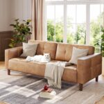 GarveeHome 3-Seater Sofa Couch, 83" Wide Faux Leather Sofa Couch with Spring Cushion, Modern Sofa with Deep Seats and 2 Removable Back Cushions, for Living Room, Bedroom, Apartment, Office, Brown - Image 2