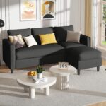 Shintenchi Small Sectional Couch Sofas, 3 Seat L Shape Sofa with Ottoman, Fabric Upholstered Convertible Sofa Couches, Small Couch for Apartments, Living Room and Office (Black) - Image 7