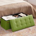HAUSFRAU 31.5 Inches Ottoman with Storage Bench, Folding Ottoman Bench Small Foot Rest Stool, Bedroom Bench with Flipping Lid, Linen Avocado - Image 4