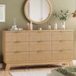 Fluted Dresser for Bedroom with 9 Drawers, 57" Wide Modern Chest of Drawers with Metal Handle, Wooden Dresser TV Stand, Wood Closet Clothes Storage Organizer for Living Room, Hallway, Natural Oak - Image 2