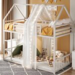 LIKIMIO Bunk Bed Twin Over Twin, House Bunk Bed Frame with Ladder and Guardrail, House Shaped with Metal Slats for Dormitory and Bedroom, Space Saving, No Box Spring Needed, White - Image 8