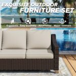 77'' Patio Sofa, All Weather Outdoor Rattan Wicker 3-Seat Sofa High Back Couch with Premium Cushions for Garden Backyard Porch(Brown/Beige) - Image 6