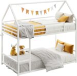 LIKIMIO Bunk Bed Twin Over Twin, House Bunk Bed Frame with Ladder and Guardrail, House Shaped with Metal Slats for Dormitory and Bedroom, Space Saving, No Box Spring Needed, White - Image 4