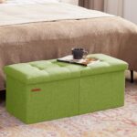 HAUSFRAU 31.5 Inches Ottoman with Storage Bench, Folding Ottoman Bench Small Foot Rest Stool, Bedroom Bench with Flipping Lid, Linen Avocado - Image 3