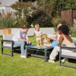 SERWALL 5 Pieces HDPE Outdoor Sofa Set with Cushions, All Weather Use Patio Conversation Couch Loveseat Furniture with Coffee Table for Balcony, Deck, Poolside, Grey Frame with Khaki Cushions - Image 9