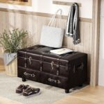 LONYKE Vintage Treasure Chest Bench with Latch Closure and Buckle Trunk, Farmhouse Faux Leather Storage Ottoman Bench for Living Room, Entryway, Bedroom, Sponge Padded ，Black Brown - Image 2