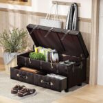 LONYKE Vintage Treasure Chest Bench with Latch Closure and Buckle Trunk, Farmhouse Faux Leather Storage Ottoman Bench for Living Room, Entryway, Bedroom, Sponge Padded ，Black Brown - Image 7
