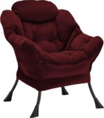Lazy Chair Thick Padded, Comfy Velvet Accent Lounge Chair with Stable Frame, Leisure Sofa Armchair with Armrests and Side Pocket, Reading Chair for Bedroom, Living Room, Office, Burgundy - Image 2