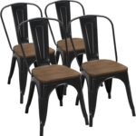 Yaheetech 18 Inch Classic Iron Metal Dining Chair with Wood Top/Seat Indoor-Outdoor Use Chic Dining Bistro Cafe Side Barstool Bar Chair Coffee Chair Set of 4 Black - Image 2