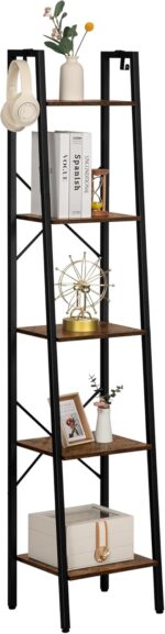 Ladder Shelf, Bookshelf Bookcase, Freestanding Corner Storage Shelve with 2 Hooks for Home Office, Living Room, Kitchen, Bedroom, Industrial, 5-Tier Rustic Brown BC03201B - Image 9