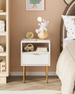 Nightstand,Morden Bedside Table with Gold Frame,Small White Night Stand,End Table,Bedside Furniture,Side Table with Drawer and Shelf for Bedroom,Living Room (1Drawer, White) - Image 9