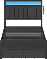 Furnulem Twin Bed Frames with Charging Station and LED Lights, Grey Upholstered Headboard with Shelves, Metal Platform Bed with 2 Under-Bed Storage (Fabric Drawer on Wheels), No Box Spring Needed - Image 10