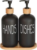 Glass Soap Dispenser Set. Hand and Dish with Bamboo Tray. Vintage Pump for Kitchen Sink Bathroom. Stylish Permanent Labels (Matte Black) - Image 2