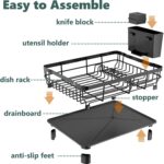 Iron Dish Drying Rack with Drainboard Dish Drainers for Kitchen Counter Extendable Spout Strainers with Utensil Holder and Knife Slots, Black - Image 6