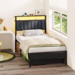 Furnulem Twin Bed Frames with Charging Station and LED Lights, Grey Upholstered Headboard with Shelves, Metal Platform Bed with 2 Under-Bed Storage (Fabric Drawer on Wheels), No Box Spring Needed - Image 5