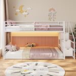 ADORNEVE Low Bunk Bed Twin Over Twin with Stairs, Storage Drawers & Shelves, RGB LED Lights Metal Floor Bunk with Power Outlet, Full-Length Guardrail & Metal Slats, for Small Space, Kids, White - Image 7