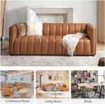 HULALA HOME 83" Genuine Leather Sofa with Channel Tufted Design, 3-Seater Sofa for Living Room Bedroom, Modern Oversized Couch with Wood Legs, Camel - Image 5
