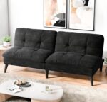 SUNLEI Small Futon Sofa Bed, Folding Futon Bed Sleeper Couch Recliner for Living Room, Convertible Cloud Sofa Couch with Adjustable Backrest for Apartment or Office, Black Velvet - Image 2