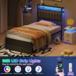 Furnulem Twin Bed Frames with Charging Station and LED Lights, Grey Upholstered Headboard with Shelves, Metal Platform Bed with 2 Under-Bed Storage (Fabric Drawer on Wheels), No Box Spring Needed - Image 8