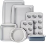 CAROTE 9-Piece Nonstick Stackable Baking Pans Set - Bakeware Sets Including Cookie Sheets for Baking, Muffin Pan, Bread Pan, Cake pan, Loaf Pan, Roasting Pan, Gray & Blue - Image 2