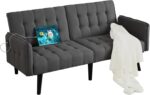 TYBOATLE 65“ Convertible Futon Sofa Bed w/ 2 USB, Upholstered Tufted Small Adjustable Folding Couch Loveseat, Modern Mid Century Sleeper Sofa for Living Room, Bedroom, Apartment, Office (Dark Grey) - Image 2