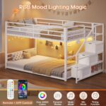 ADORNEVE Low Bunk Bed Twin Over Twin with Stairs, Storage Drawers & Shelves, RGB LED Lights Metal Floor Bunk with Power Outlet, Full-Length Guardrail & Metal Slats, for Small Space, Kids, White - Image 6