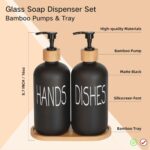 Glass Soap Dispenser Set. Hand and Dish with Bamboo Tray. Vintage Pump for Kitchen Sink Bathroom. Stylish Permanent Labels (Matte Black) - Image 3