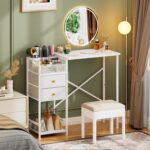White Vanity Desk with 2 Fabirc Drawers, 9 Compartments, 35.5" Makeup Table with Diversified Storage Small Vanity Without Mirror & Stool, Storage Shelves Girls Dressing Table for Bedroom - Image 2