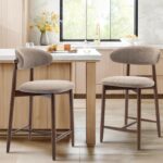 COLAMY Counter Height Bar Stools Set of 2, Kitchen Bar Stools with Back, Mid Century Modern Upholstered, with Wood Legs for Kitchen Island Dining Room, Camel - Image 2
