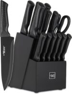 Knife Set, 15 Pcs Kitchen Knife Set with Block Self Sharpening, Dishwasher Safe, 6 Steak Knives, Anti-slip handle, Black - Image 2