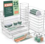 25 PCS Clear Plastic Drawer Organizers Set, 4 Sizes Clear Drawer Organizers & storage Bins for Makeup/Jewelry Vanity, Kitchen Gadgets Or Office Desk. Bathroom Drawer Organizer Trays With Non-Slip Pads - Image 2