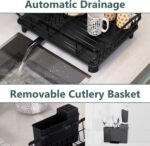 Iron Dish Drying Rack with Drainboard Dish Drainers for Kitchen Counter Extendable Spout Strainers with Utensil Holder and Knife Slots, Black - Image 5
