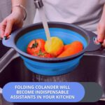 Blue Round Silicone Collapsible Colander – Silicone Round Kitchen Strainers with Plastic Handles Foldable Small Kitchen Strainer Perfect for Draining Pasta Vegetable and Fruit - Image 6