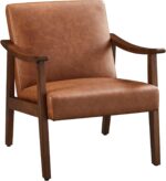 Yaheetech PU Leather Accent Chair, Mid-Century Modern Armchair with Solid Wood Legs, Reading Leisure Chair with High Back for Living Room Bedroom Waiting Room, Brown - Image 2
