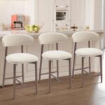 COLAMY Counter Height Bar Stools Set of 3, Kitchen Bar Stools with Back, Mid Century Modern Upholstered, with Wood Legs for Kitchen Island Dining Room Bar, Beige - Image 2
