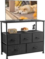 DUMOS TV Stand Dresser for Bedroom with 5 Fabric Drawer,Entertainment Center for 45 inch Television, Media Console Table with Storage, Open Shelf, Adjustable Feet, Living Room Furniture, Black - Image 2