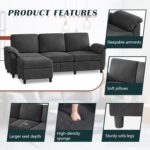 Vongrasig 79" Convertible Sectional Sofa Couch, 3 Seat L Shaped Sofa with Removable Pillows Linen Fabric Small Couches Mid Century for Living Room, Apartment and Office (Black) - Image 5