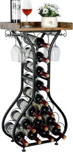 X-cosrack Wine Rack Freestanding Floor, Mini Bar Table Wine Holder Stand Liquor Cabinet with Glass Holder Wood Tabletop 14 Bottles Floor Wine Storage for Home Bar Kitchen Living Room (Patent Pending) - Image 2