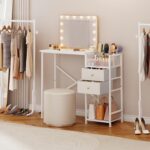 White Vanity Desk with 2 Fabirc Drawers, 9 Compartments, 35.5" Makeup Table with Diversified Storage Small Vanity Without Mirror & Stool, Storage Shelves Girls Dressing Table for Bedroom - Image 6