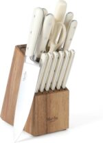 MARTHA STEWART Eastwalk 14 Piece High Carbon Stainless Steel Cutlery Kitchen Knife Block Set w/ABS Triple Riveted Forged Handle Acacia Wood Block - Linen White - Image 2