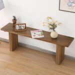 Solid Wood Entryway Bench - 51.2" Fluted Farmhouse Bench, Indoor Long Dining Benches Seat Narrow End of Bed Benches for Entry Way, Kitchen, Living Room and Bedroom, Brown - Image 2