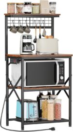 Furologee Kitchen Bakers Rack with Power Outlet, Microwave Oven Stand with Storage 4 Tiers, Coffee Bar Table with 6 S Hooks, Kitchen Storage Shelf Rack for Spices, Pots, Rustic Brown - Image 2