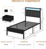 Furnulem Twin Bed Frames with Charging Station and LED Lights, Grey Upholstered Headboard with Shelves, Metal Platform Bed with 2 Under-Bed Storage (Fabric Drawer on Wheels), No Box Spring Needed - Image 3