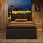 Furnulem Twin Bed Frames with Charging Station and LED Lights, Grey Upholstered Headboard with Shelves, Metal Platform Bed with 2 Under-Bed Storage (Fabric Drawer on Wheels), No Box Spring Needed - Image 6