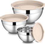 LIANYU Mixing Bowls with Airtight Lids Sets, 3 Packs Stainless Steel Metal Mixing Bowls, Ideal for Prepping, Cooking, Storage, Serving, Freezer & Dishwasher Safe, Khaki - Image 2