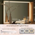 Fluted Makeup Vanity Desk with Large 35" HD Lighted Mirror, 48" Mid Century Modern Glass Top Vanity Table with 5 Drawers & Adjustable Shelf, Dressing Table w/Charging Station for Bedroom, Natural Oak - Image 5