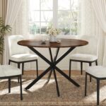 Unovivy 47" Round Dining Table for 4-6, Space Saving Circle Kitchen Dinner Table, Industrial Mid Century Modern Dining Room Desk for Kitchen, Apartment, Rustic Brown - Image 8