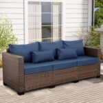 Patio Furniture Outdoor Couch 3 Seater Sofa Outdoor Brown Wicker Sofa Deep Seat High Backrest Patio Couch with Non-Slip Cushions and Waterproof Cover, Navy Blue - Image 4